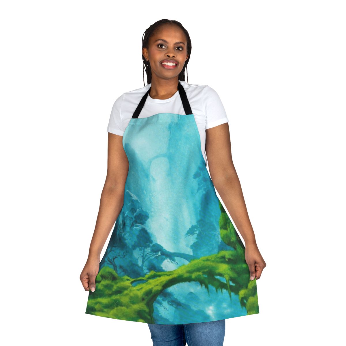 Enchanting fantasy apron featuring whimsical landscapes and floating islands from the iconic artwork of Roger Dean.