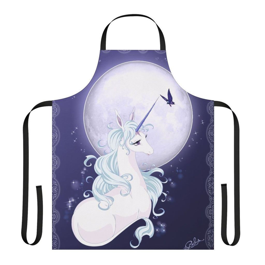 A white unicorn standing under a full moon, printed on a high-quality apron.