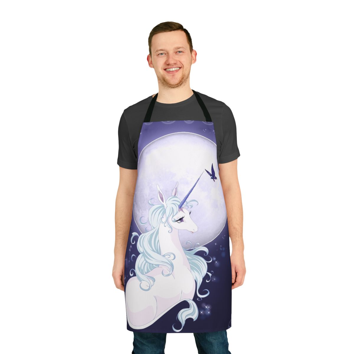 A white unicorn standing under a full moon, printed on a high-quality apron.