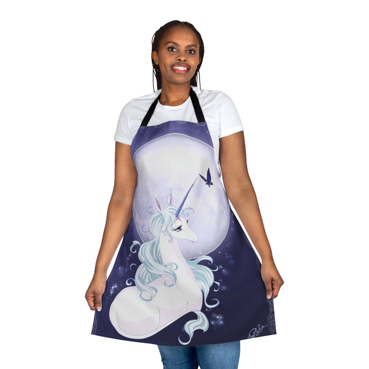 A white unicorn standing under a full moon, printed on a high-quality apron.
