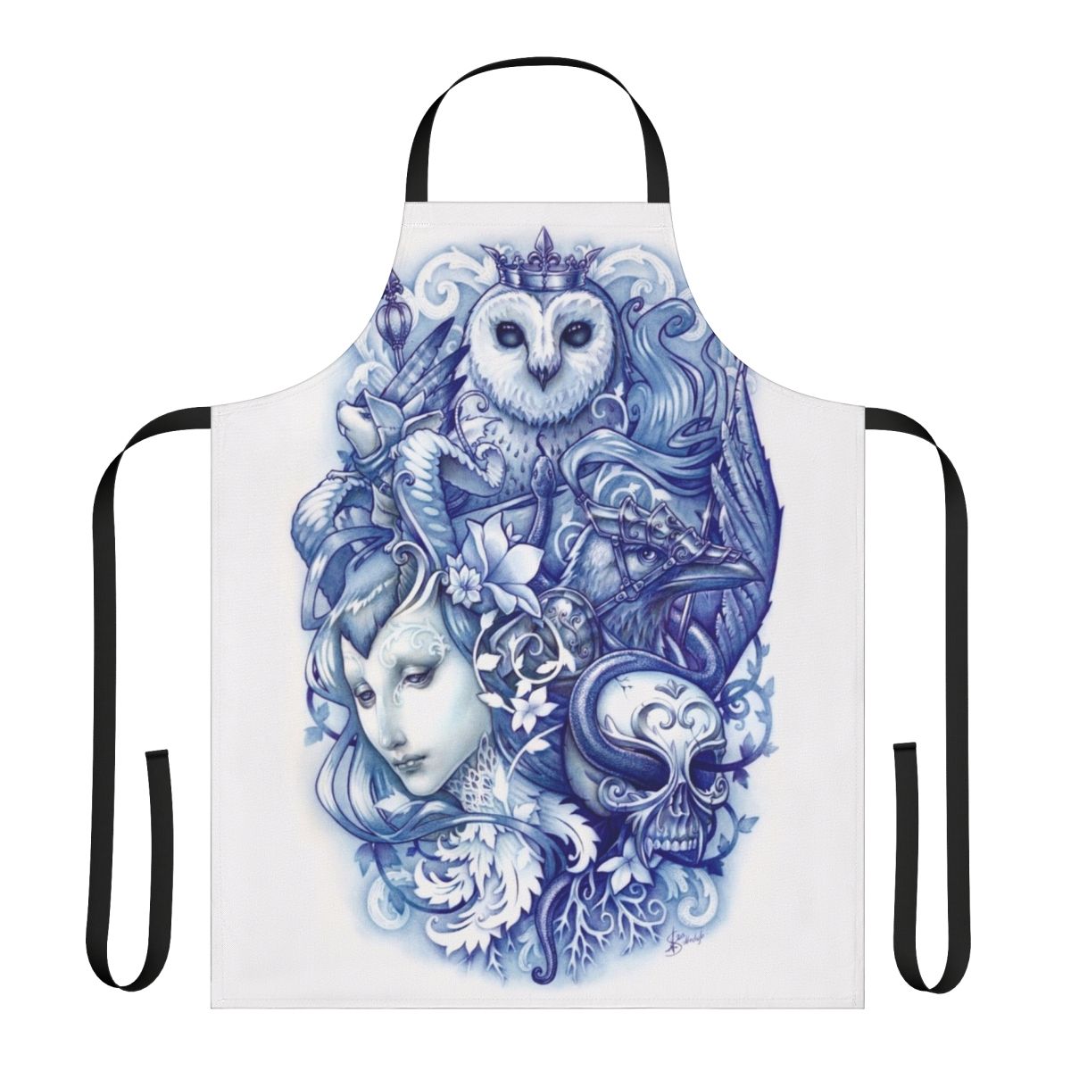 A vibrant apron featuring whimsical illustrations of fantastical creatures and fabled tales.