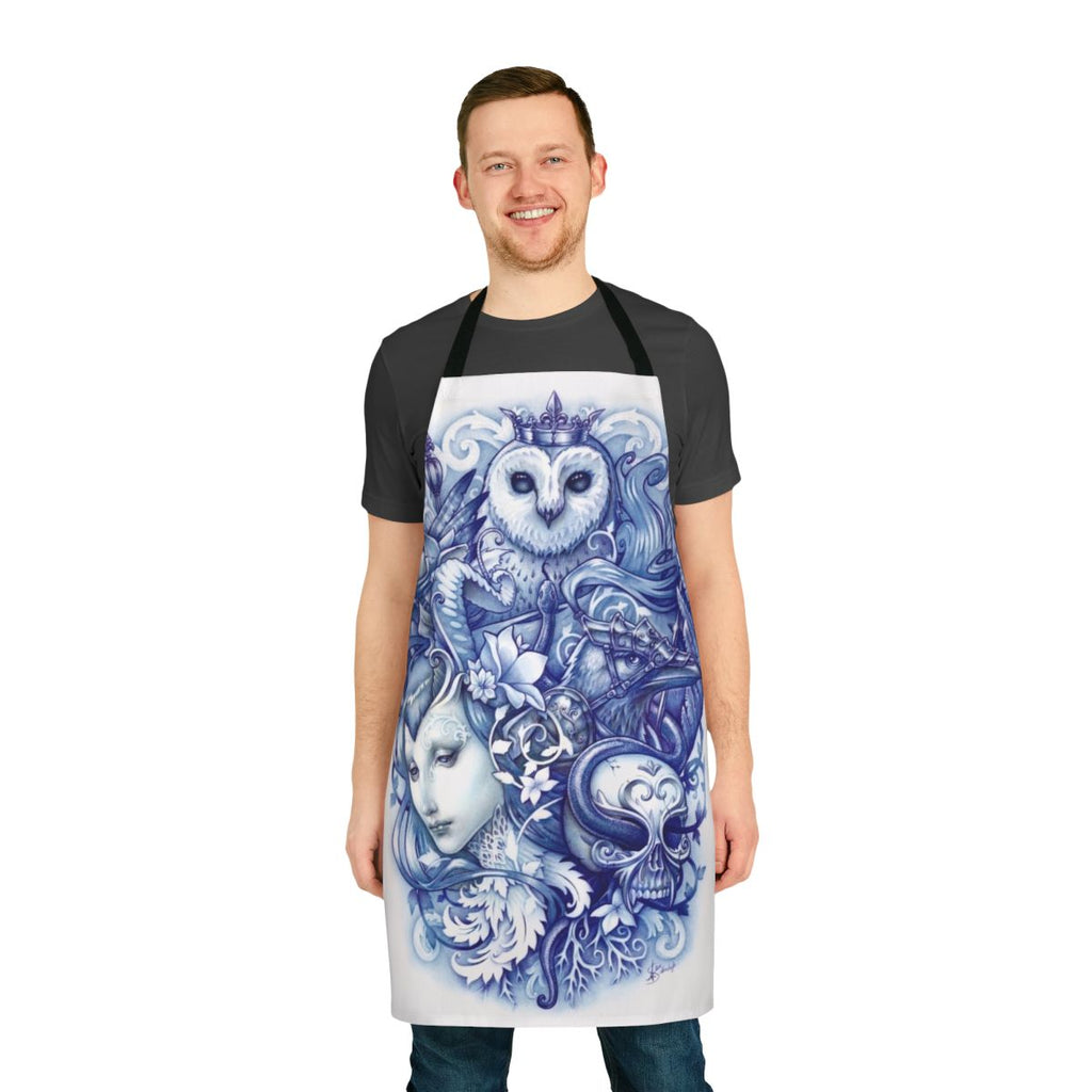 A vibrant apron featuring whimsical illustrations of fantastical creatures and fabled tales.