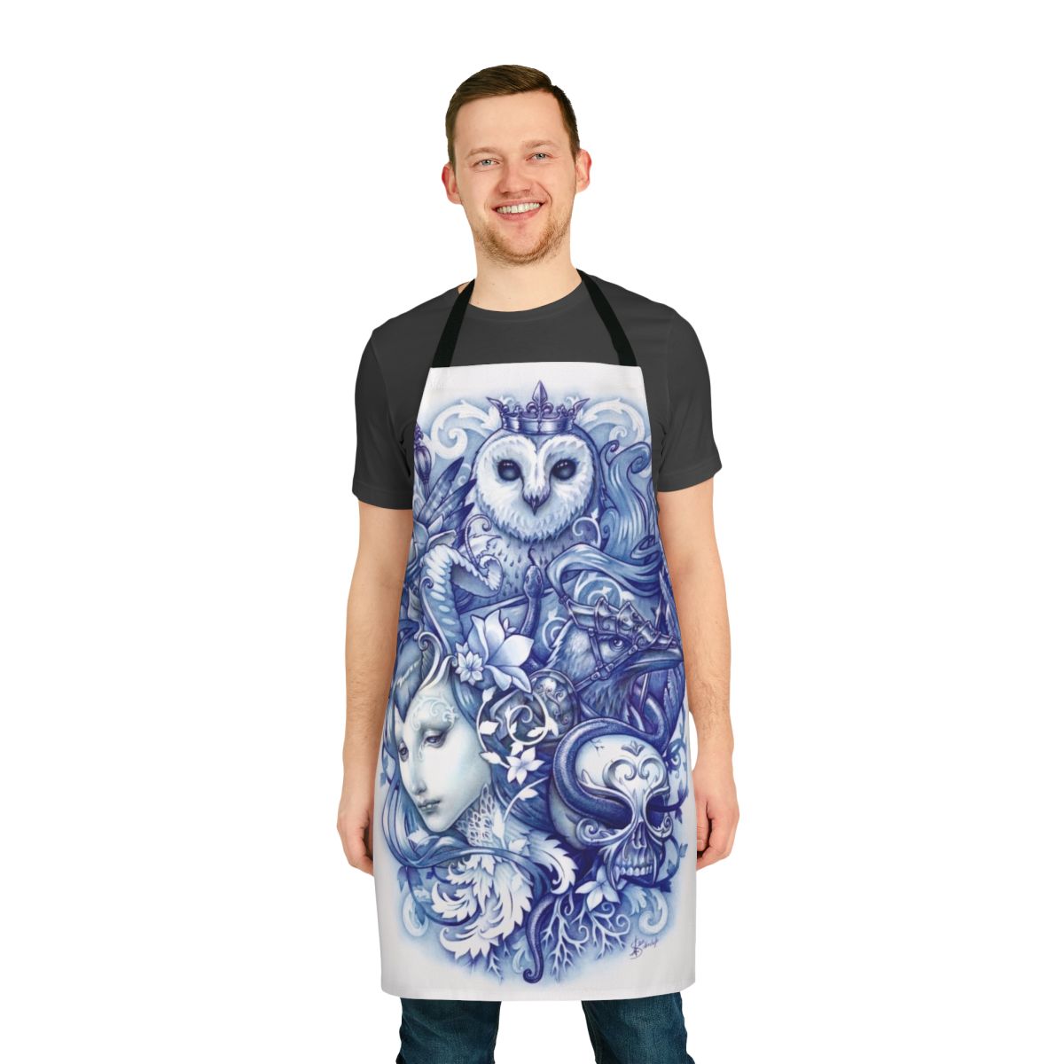 A vibrant apron featuring whimsical illustrations of fantastical creatures and fabled tales.