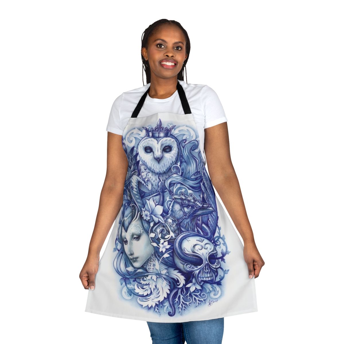 A vibrant apron featuring whimsical illustrations of fantastical creatures and fabled tales.