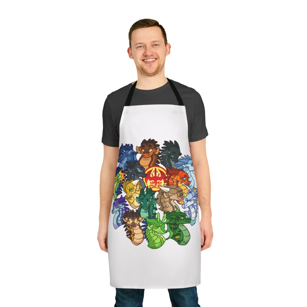 Colorful apron featuring the iconic dragons from the Wings of Fire book series