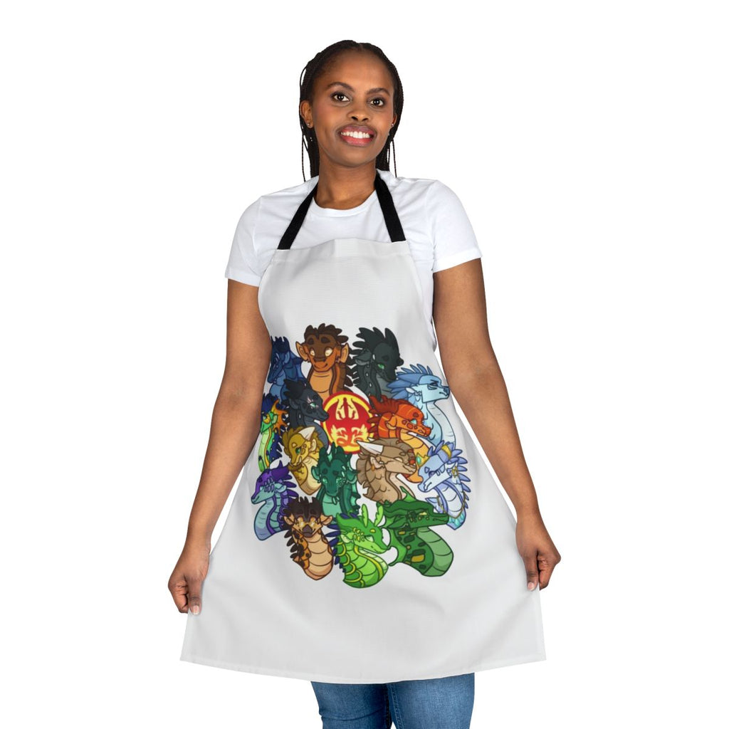 Colorful apron featuring the iconic dragons from the Wings of Fire book series
