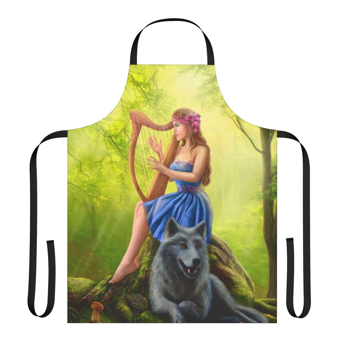 A beautiful girl playing a harp surrounded by a fairy tale wolf and nature in a fantasy forest scene, printed on an apron.