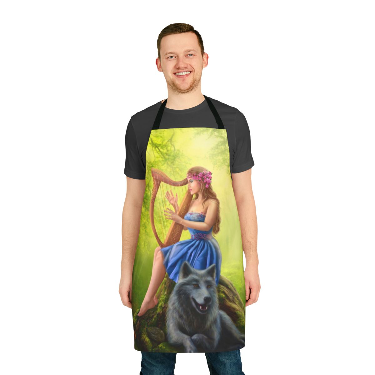 A beautiful girl playing a harp surrounded by a fairy tale wolf and nature in a fantasy forest scene, printed on an apron.