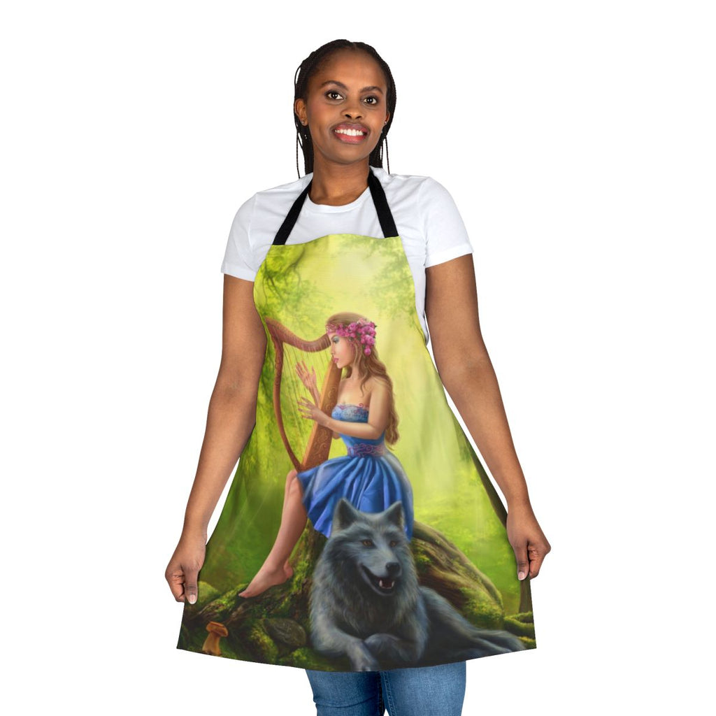 A beautiful girl playing a harp surrounded by a fairy tale wolf and nature in a fantasy forest scene, printed on an apron.