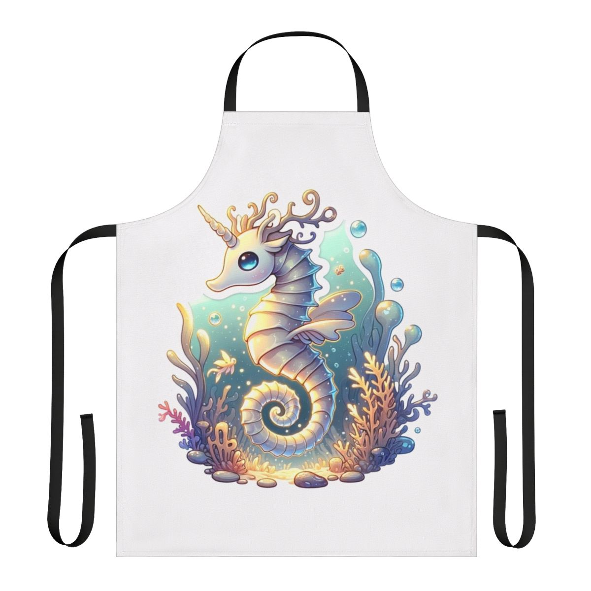 A whimsical apron featuring a fantastical design with a seahorse and deer in a mystical, legendary style.