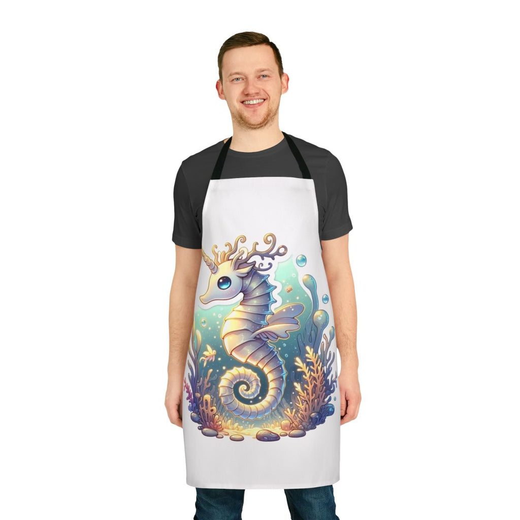 A whimsical apron featuring a fantastical design with a seahorse and deer in a mystical, legendary style.