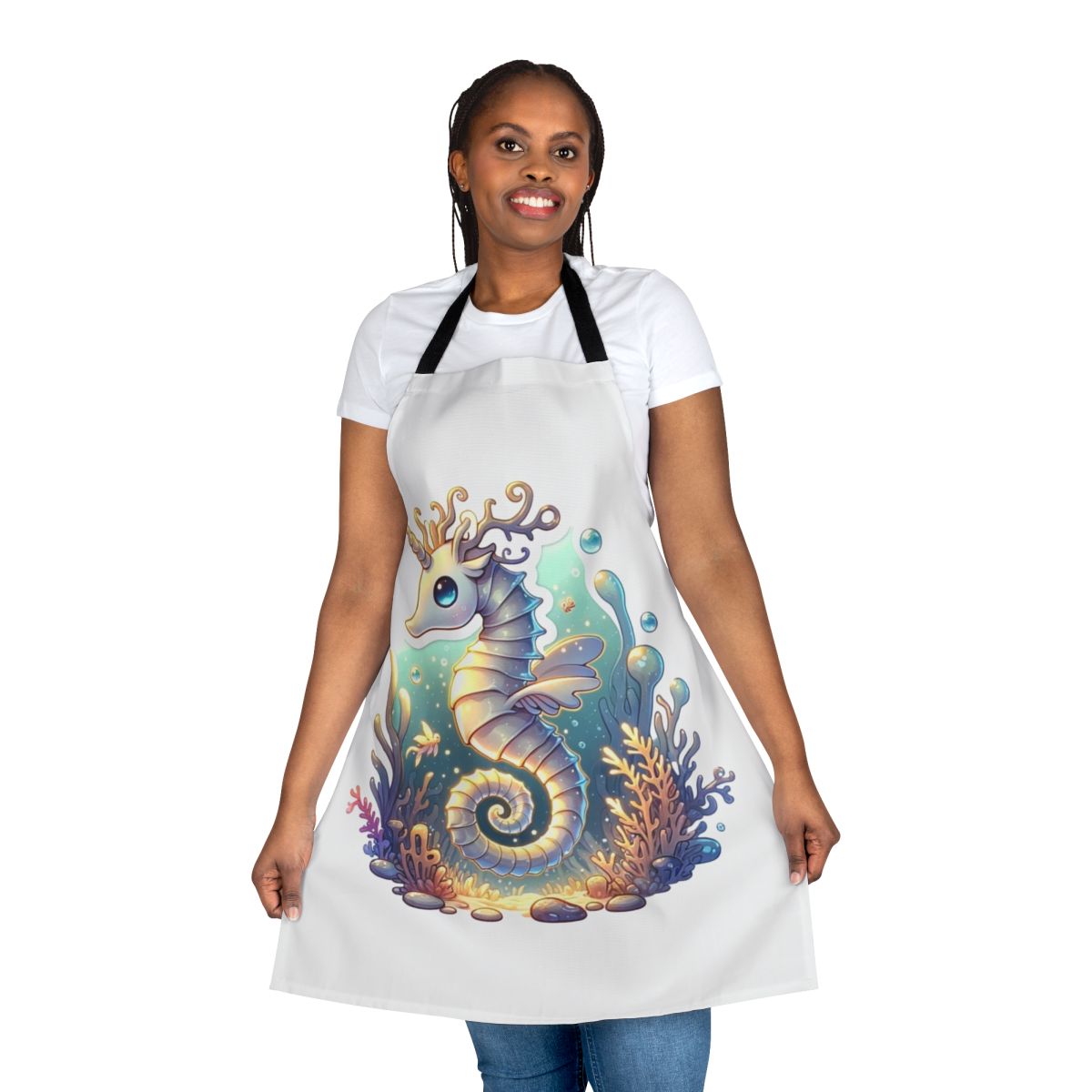 A whimsical apron featuring a fantastical design with a seahorse and deer in a mystical, legendary style.