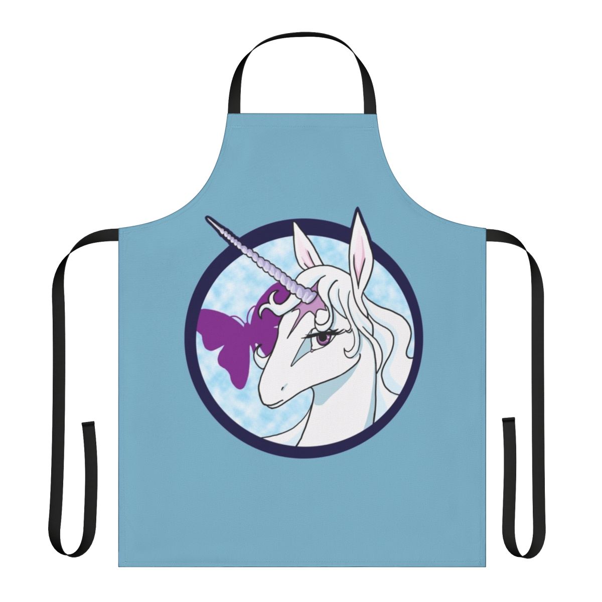 Whimsical fantasy apron featuring a white unicorn with a blue horn and butterfly