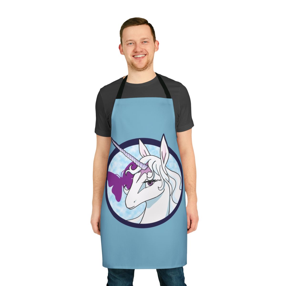 Whimsical fantasy apron featuring a white unicorn with a blue horn and butterfly