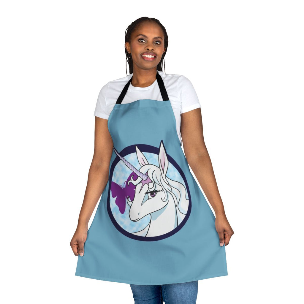 Whimsical fantasy apron featuring a white unicorn with a blue horn and butterfly