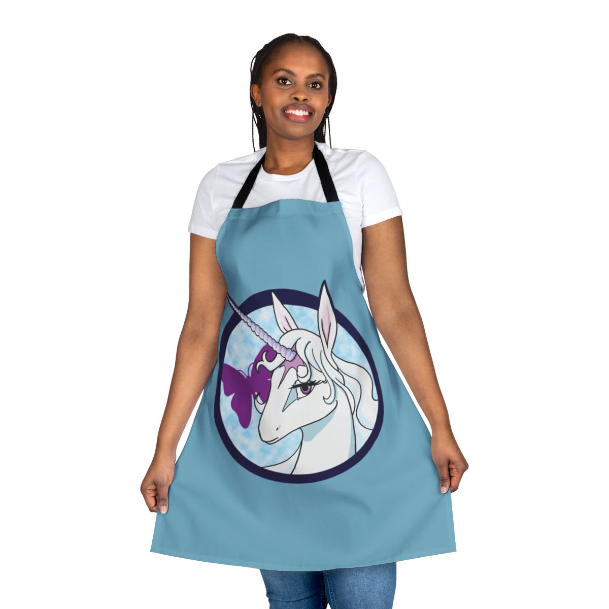 Whimsical fantasy apron featuring a white unicorn with a blue horn and butterfly
