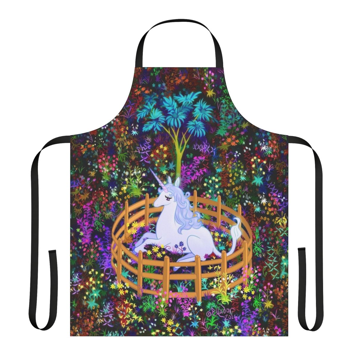 Captivating fantasy apron featuring the last unicorn in captivity