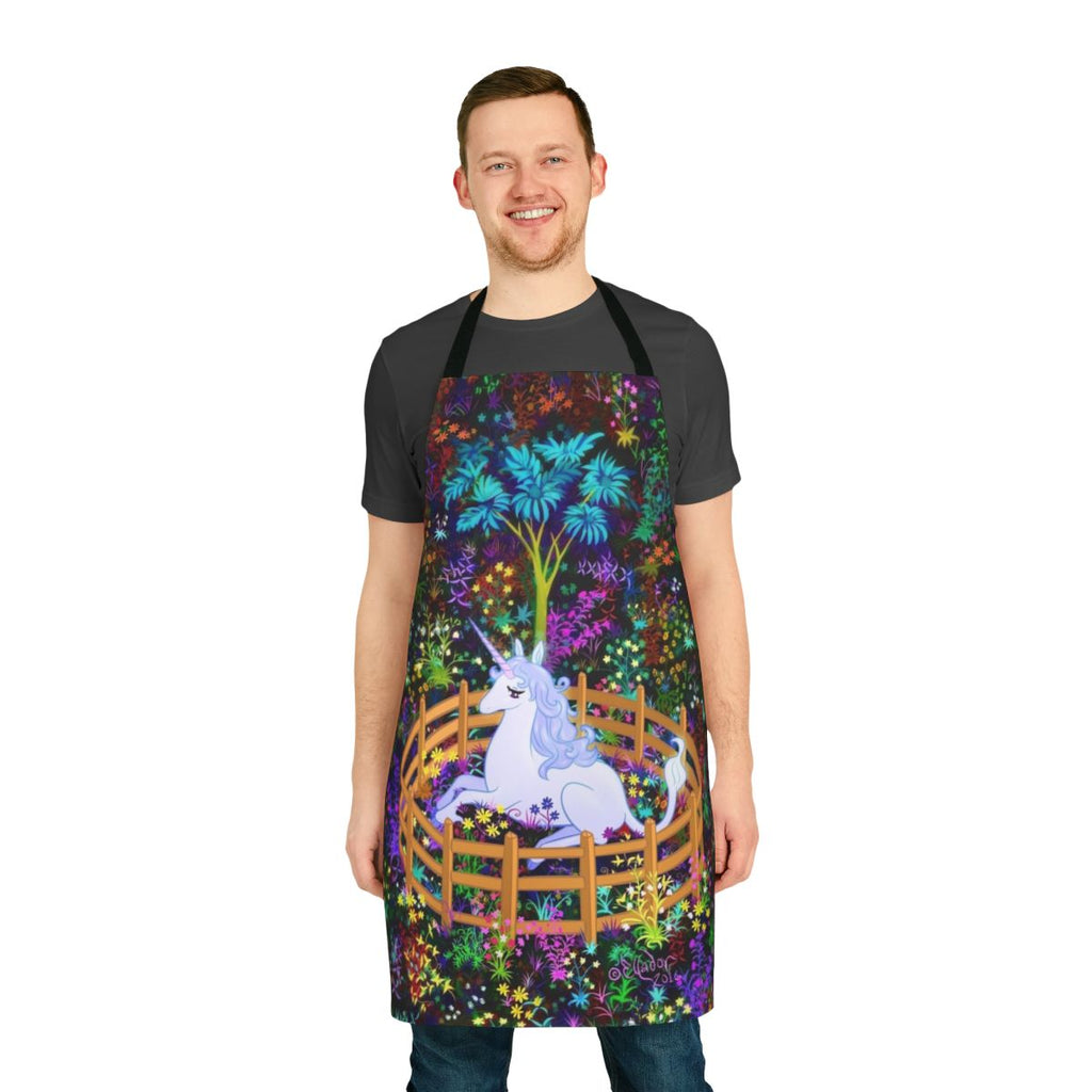 Captivating fantasy apron featuring the last unicorn in captivity