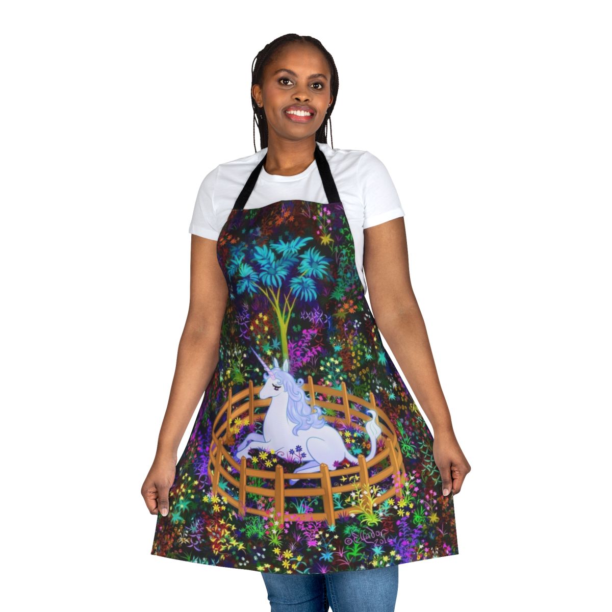 Captivating fantasy apron featuring the last unicorn in captivity