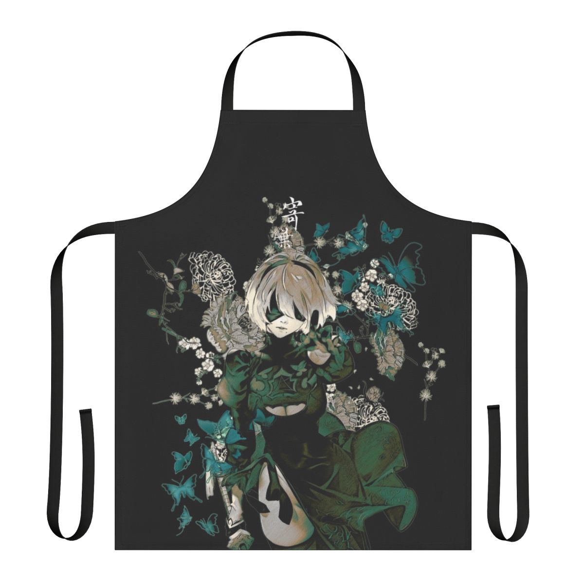 An artistic apron featuring a striking design with butterflies and floral elements in a fantasy style.