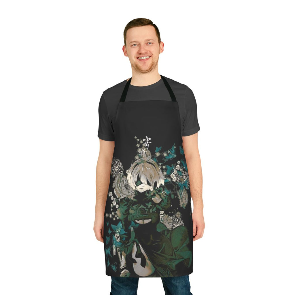 An artistic apron featuring a striking design with butterflies and floral elements in a fantasy style.