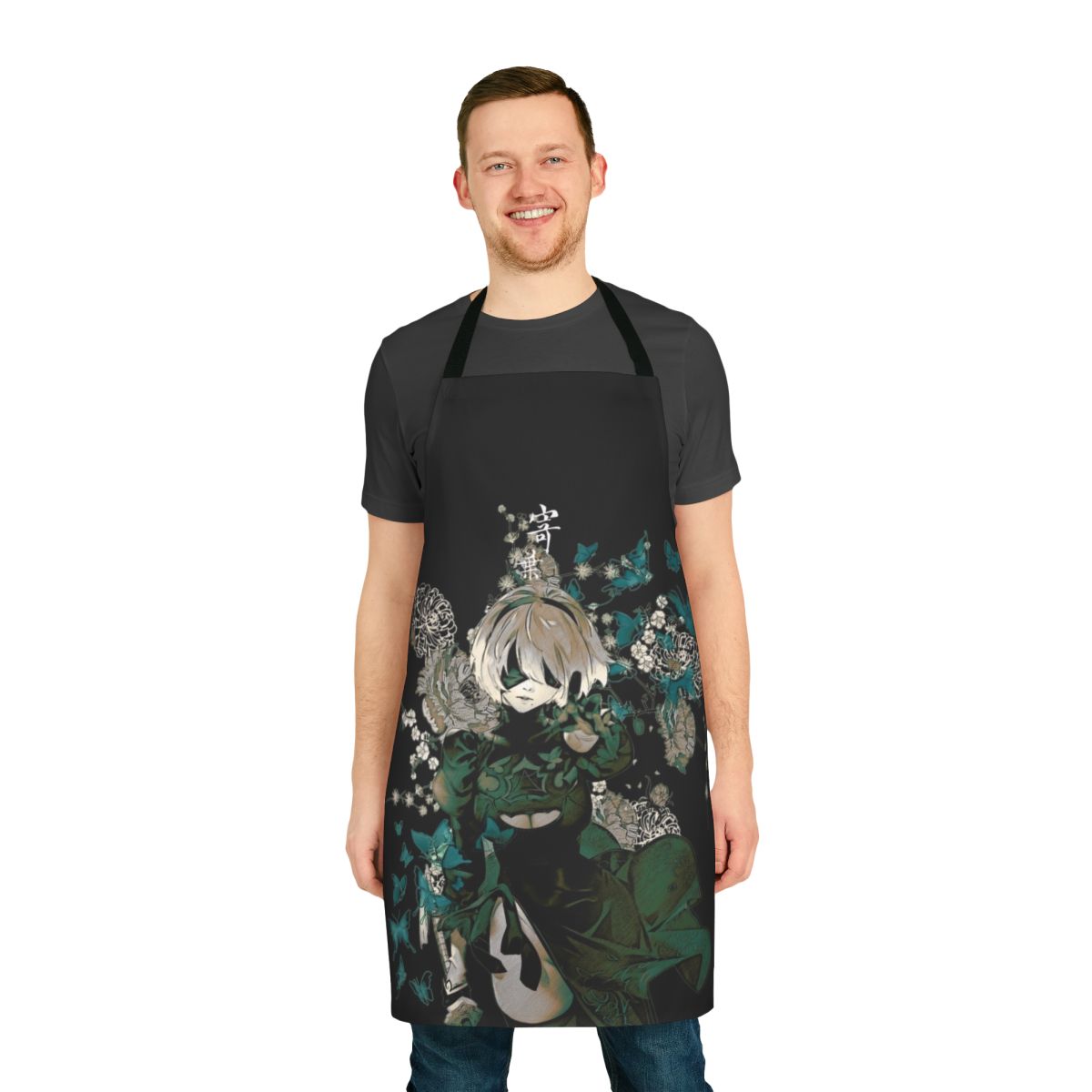 An artistic apron featuring a striking design with butterflies and floral elements in a fantasy style.