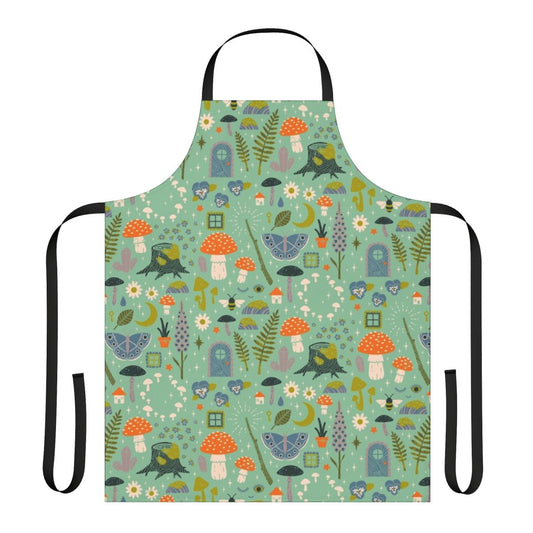 A whimsical floral apron featuring mushrooms, butterflies, and flowers, perfect for gardening or kitchen tasks.