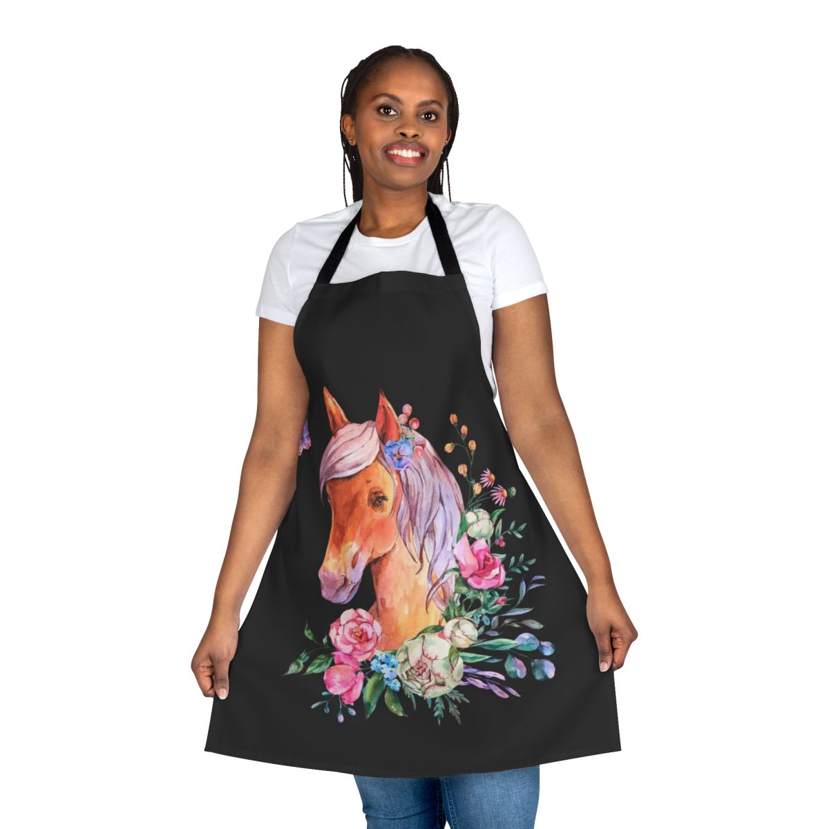 Illustration of a floral horse apron with elegant flourishes and greenery