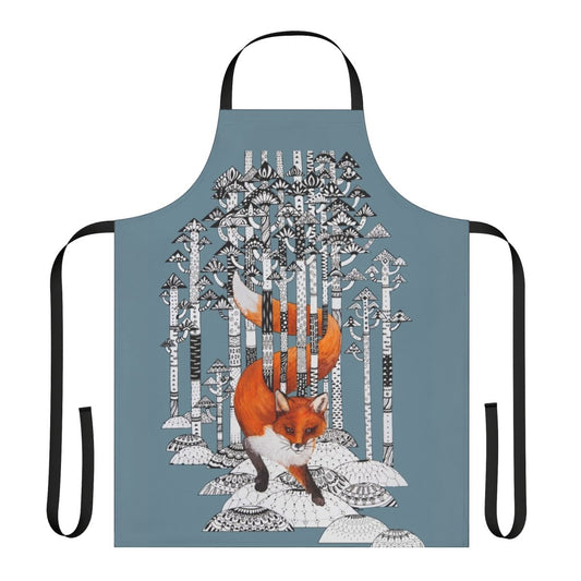 Whimsical apron featuring a fox in a winter forest scene