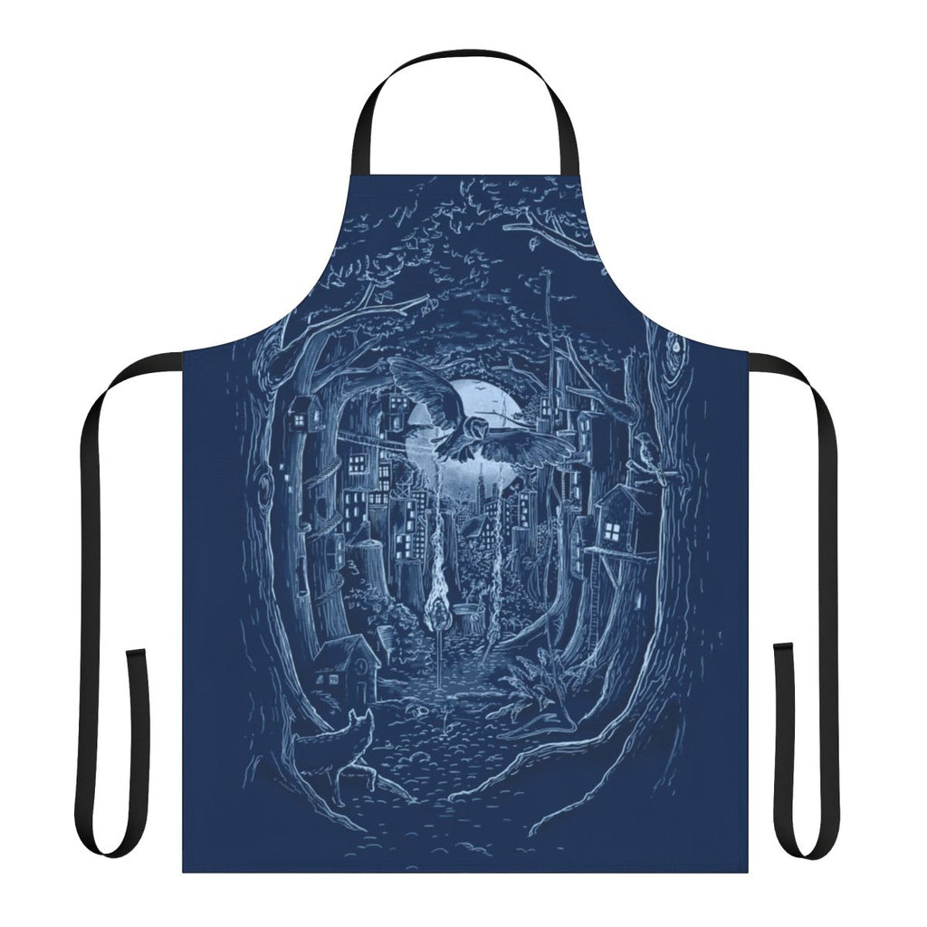Apron featuring a whimsical forest scene with a full moon, trees, and wildlife