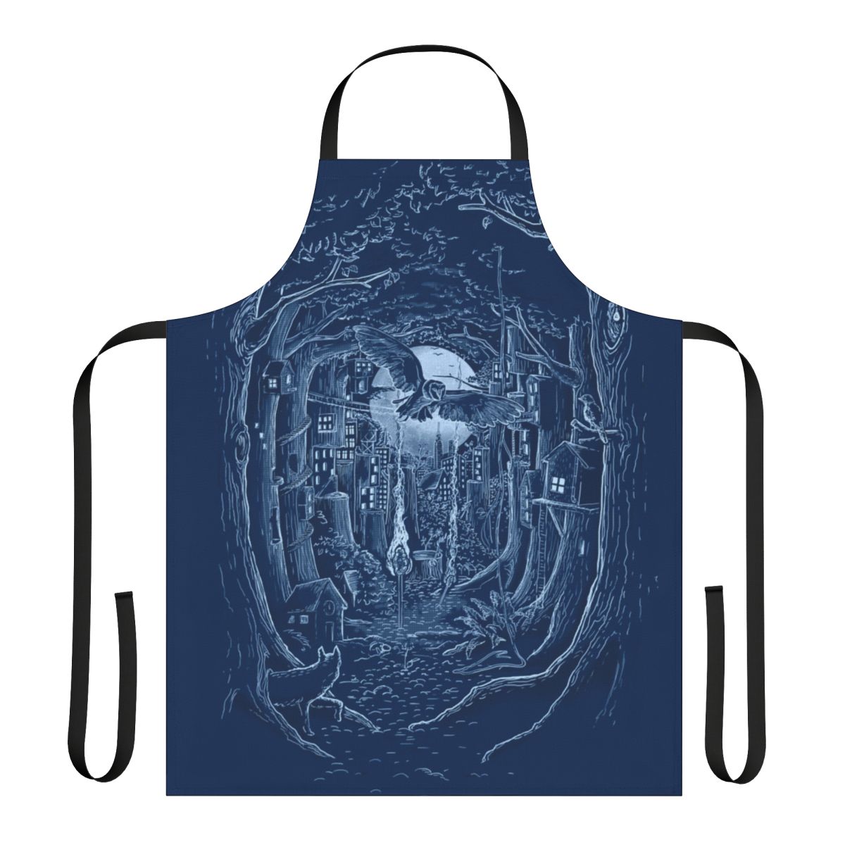 Apron featuring a whimsical forest scene with a full moon, trees, and wildlife