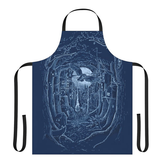 Apron featuring a whimsical forest scene with a full moon, trees, and wildlife