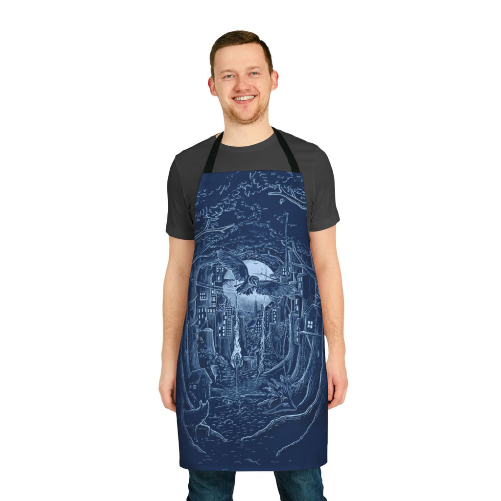 Apron featuring a whimsical forest scene with a full moon, trees, and wildlife
