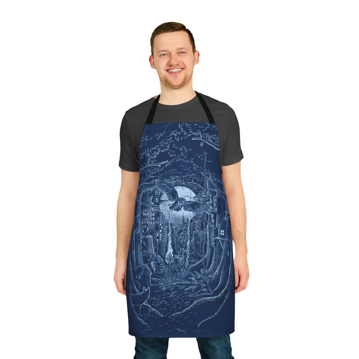 Apron featuring a whimsical forest scene with a full moon, trees, and wildlife