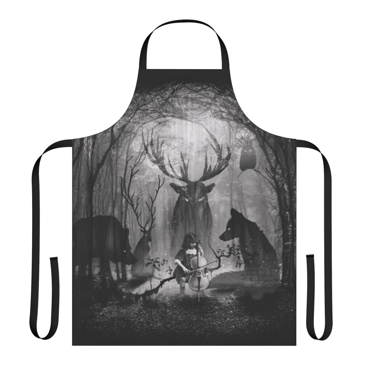 Forest-themed apron with cello, violin, and silhouettes of forest animals like fox, wolf, and deer