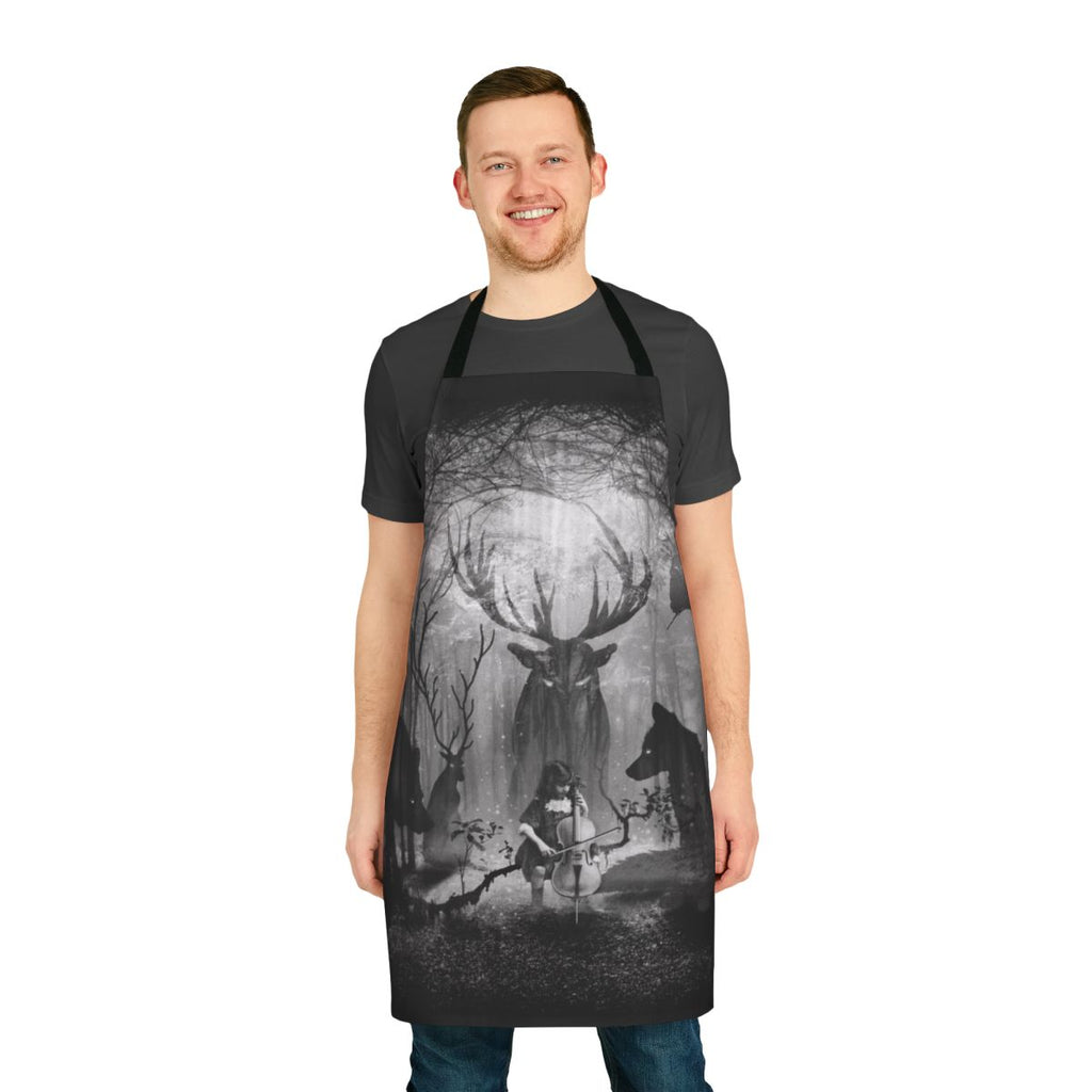Forest-themed apron with cello, violin, and silhouettes of forest animals like fox, wolf, and deer