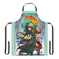 An apron featuring a forest fire design with magical planeswalkers Chandra and Nissa in an art nouveau style