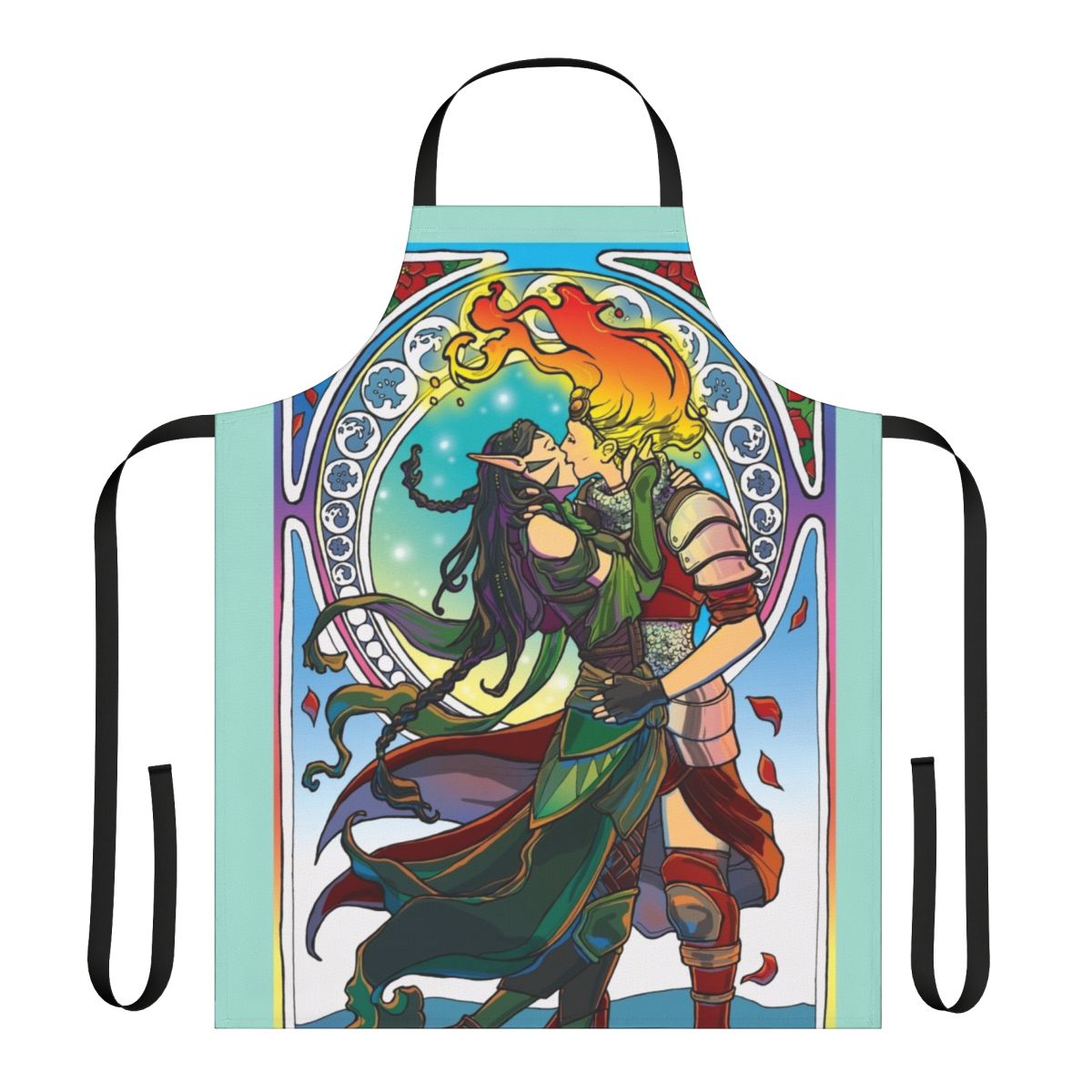 An apron featuring a forest fire design with magical planeswalkers Chandra and Nissa in an art nouveau style