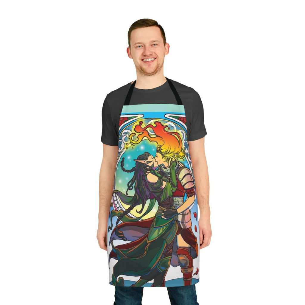 An apron featuring a forest fire design with magical planeswalkers Chandra and Nissa in an art nouveau style
