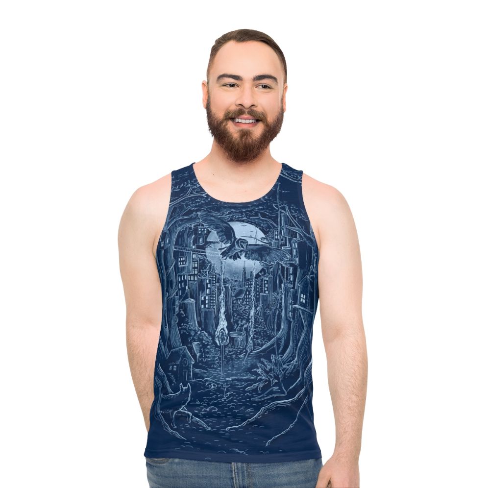 Enchanting forest unisex tank top with moonlit cityscape and wildlife