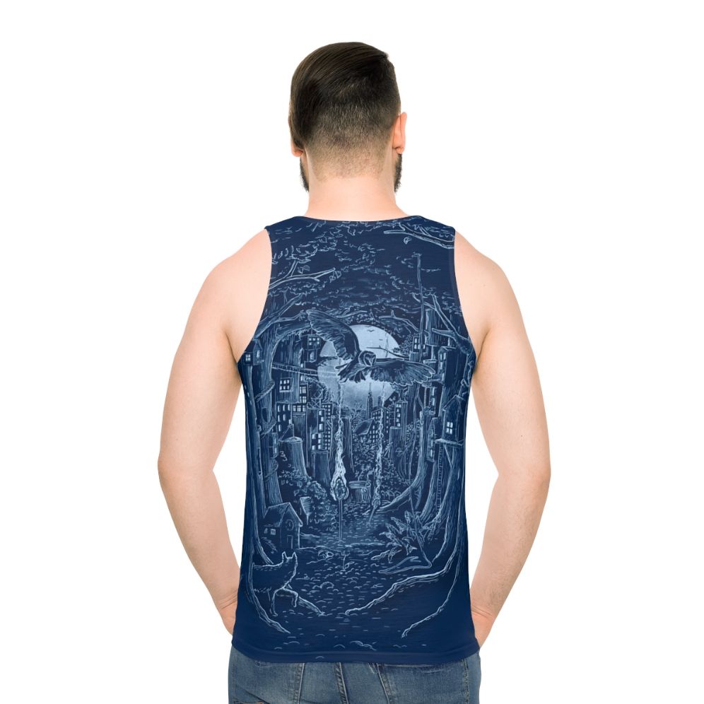 Enchanting forest unisex tank top with moonlit cityscape and wildlife