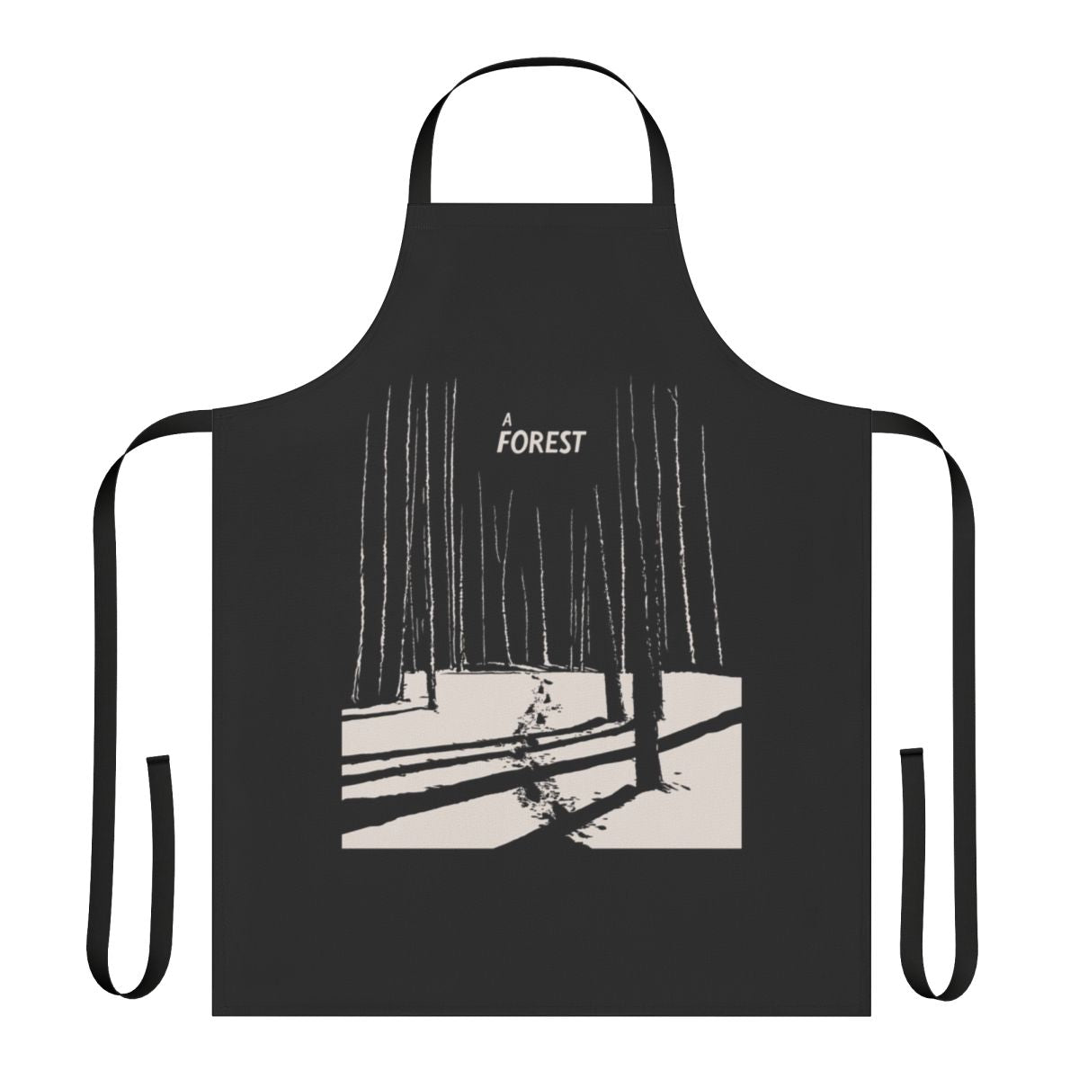 A stylish and dark-themed apron featuring a forest design, inspired by the music of the iconic new wave band The Cure.