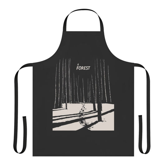 A stylish and dark-themed apron featuring a forest design, inspired by the music of the iconic new wave band The Cure.