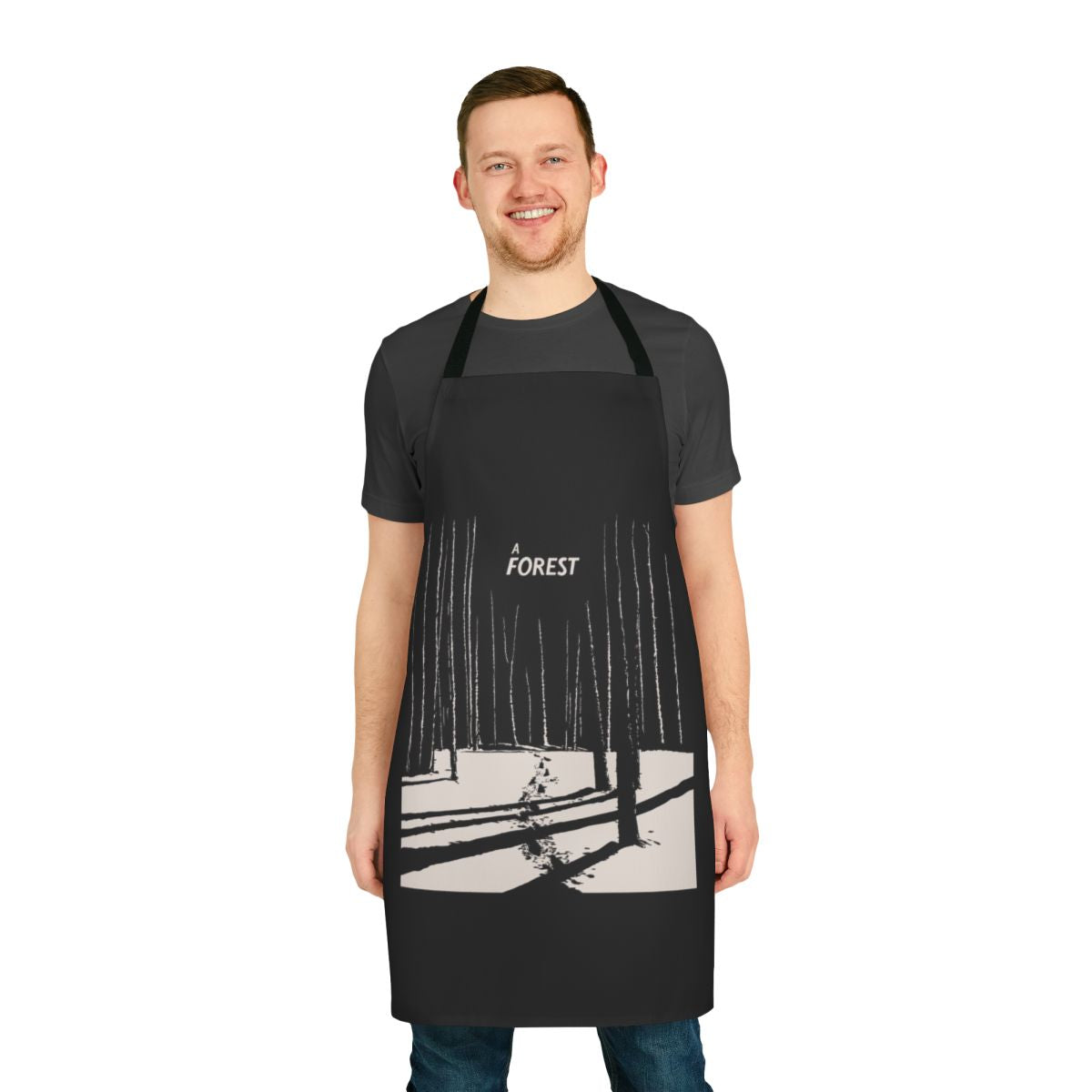 A stylish and dark-themed apron featuring a forest design, inspired by the music of the iconic new wave band The Cure.