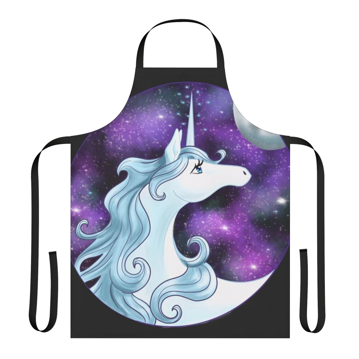 A beautiful, whimsical apron featuring a majestic galaxy unicorn design inspired by the classic fantasy film "The Last Unicorn".