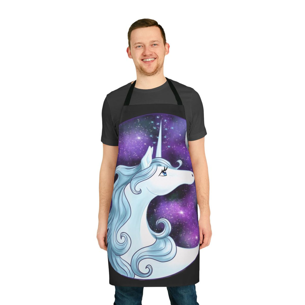A beautiful, whimsical apron featuring a majestic galaxy unicorn design inspired by the classic fantasy film "The Last Unicorn".