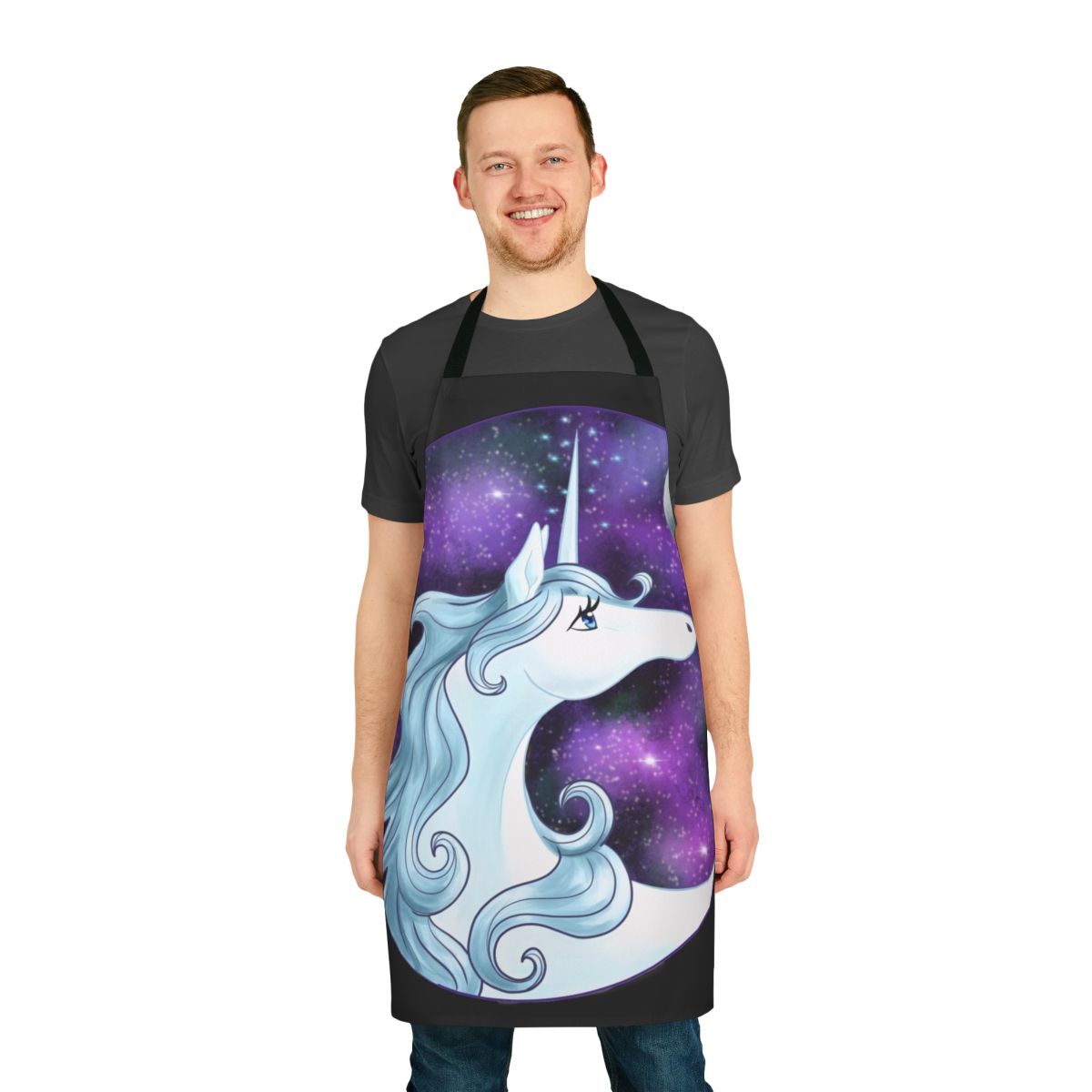 A beautiful, whimsical apron featuring a majestic galaxy unicorn design inspired by the classic fantasy film "The Last Unicorn".