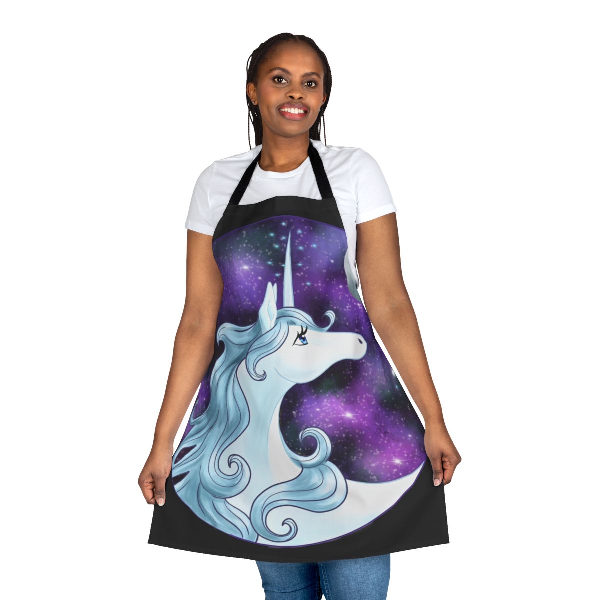 A beautiful, whimsical apron featuring a majestic galaxy unicorn design inspired by the classic fantasy film "The Last Unicorn".