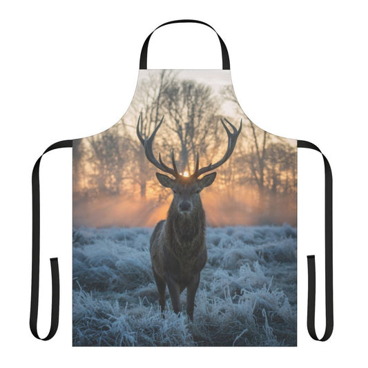Artistic illustration of a majestic stag against a backdrop of winter landscapes