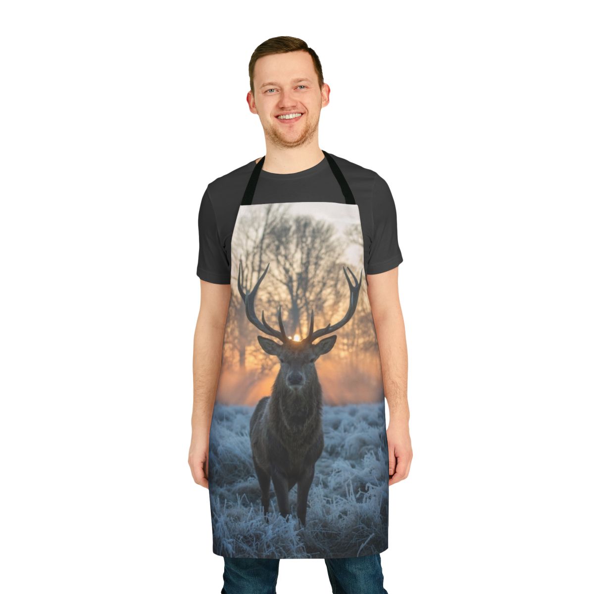 Artistic illustration of a majestic stag against a backdrop of winter landscapes